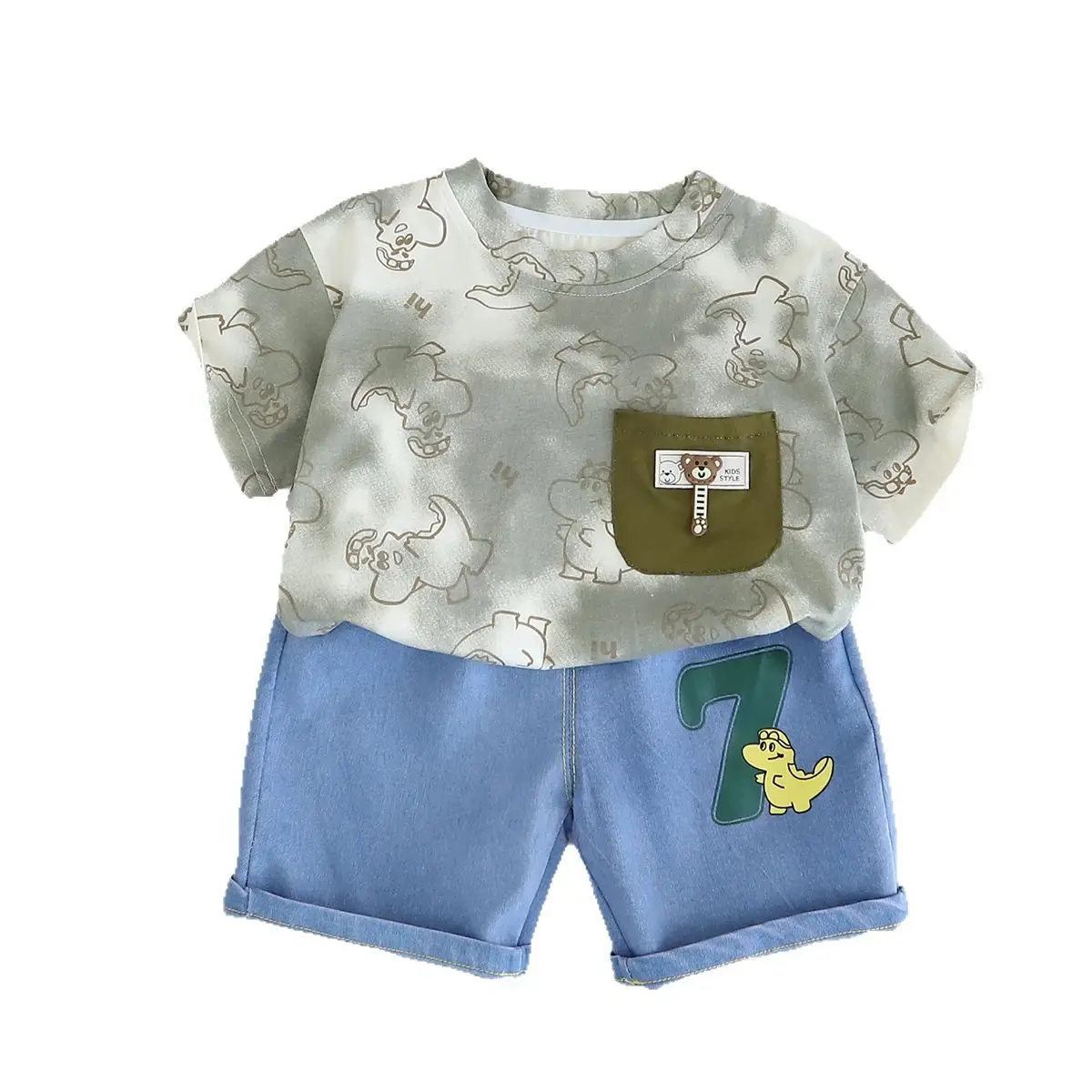 Boys Dinosaur Print Summer Suit Blue Denim Shorts - Image 6