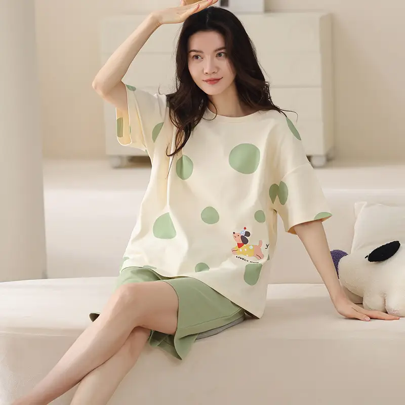 Comes with Chest Pad Pure Cotton Pajamas Summer Women's Short-sleeved Shorts Casual suit Korean-style Carmable Outwear Home Clothes