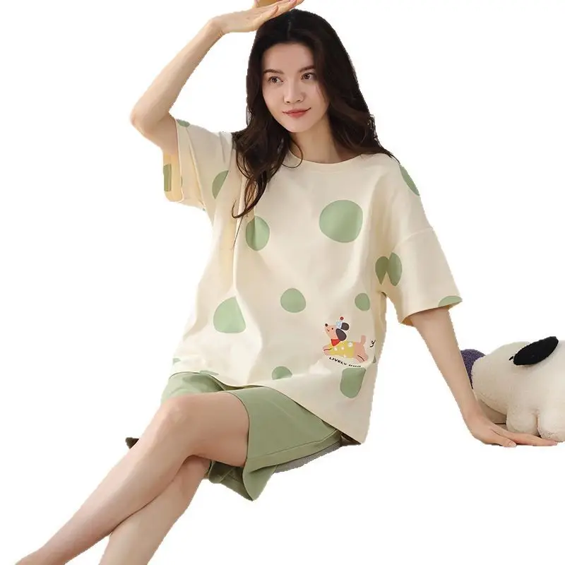 Comes with Chest Pad Pure Cotton Pajamas Summer Women's Short-sleeved Shorts Casual suit Korean-style Carmable Outwear Home Clothes