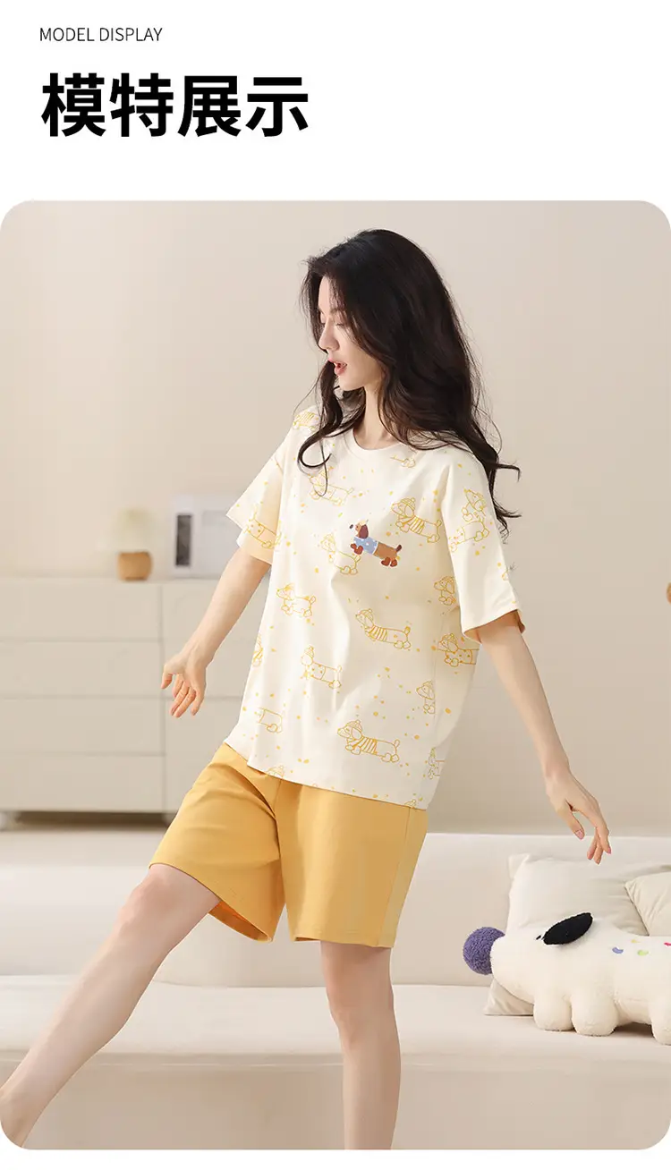 Comes with Chest Pad Pure Cotton Pajamas Summer Women's Short-sleeved Shorts Casual suit Korean-style Carmable Outwear Home Clothes — feature 11