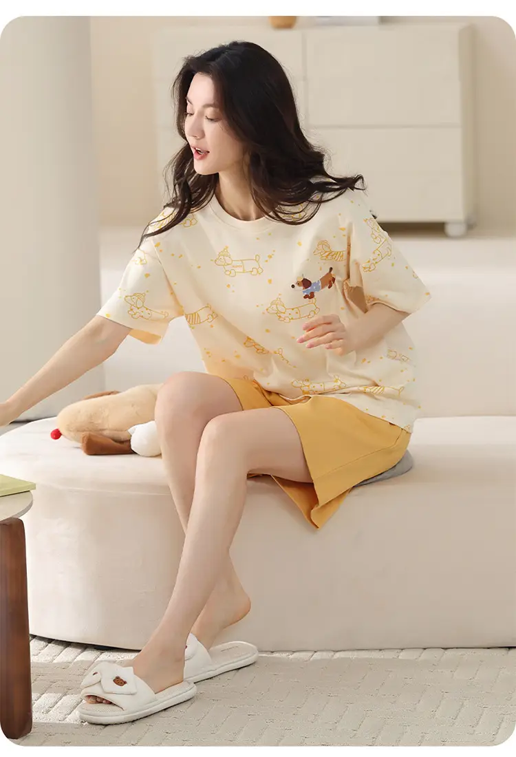 Comes with Chest Pad Pure Cotton Pajamas Summer Women's Short-sleeved Shorts Casual suit Korean-style Carmable Outwear Home Clothes — feature 12