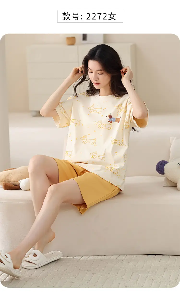 Comes with Chest Pad Pure Cotton Pajamas Summer Women's Short-sleeved Shorts Casual suit Korean-style Carmable Outwear Home Clothes — feature 13