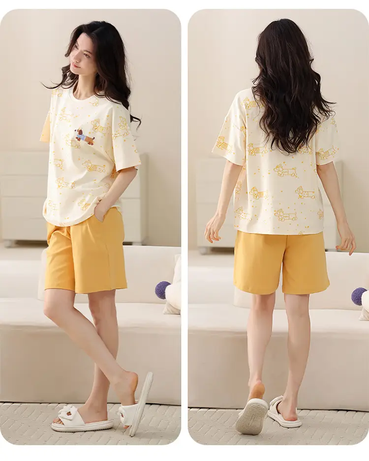 Comes with Chest Pad Pure Cotton Pajamas Summer Women's Short-sleeved Shorts Casual suit Korean-style Carmable Outwear Home Clothes — feature 14