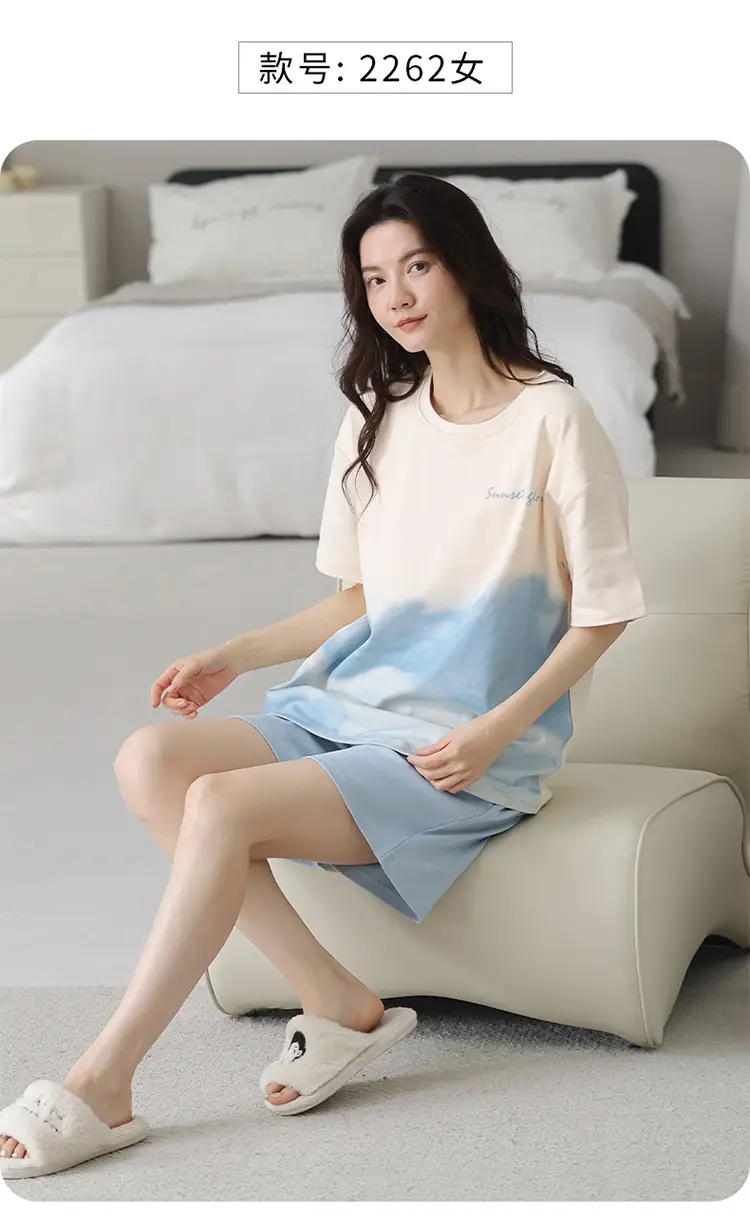 Comes with Chest Pad Pure Cotton Pajamas Summer Women's Short-sleeved Shorts Casual suit Korean-style Carmable Outwear Home Clothes — feature 15
