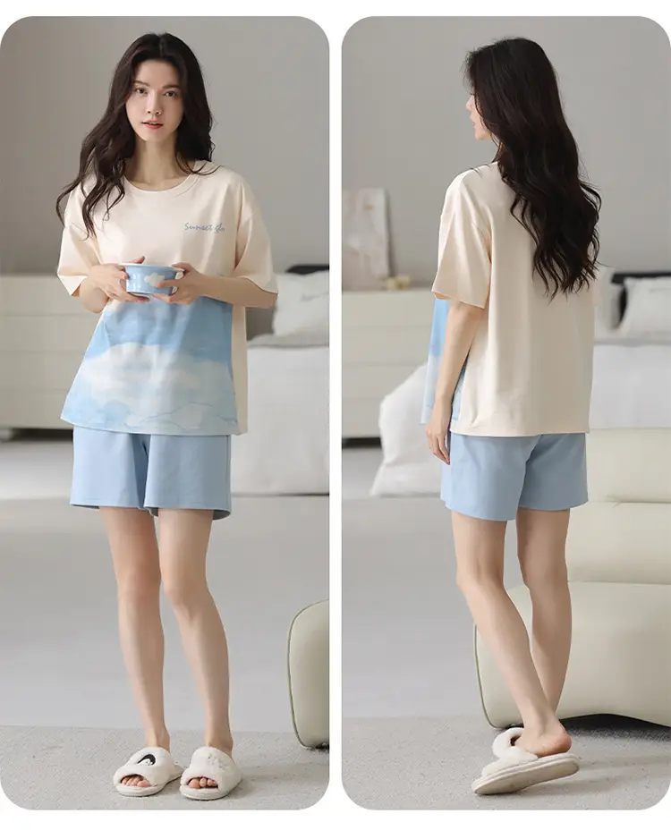 Comes with Chest Pad Pure Cotton Pajamas Summer Women's Short-sleeved Shorts Casual suit Korean-style Carmable Outwear Home Clothes — feature 16