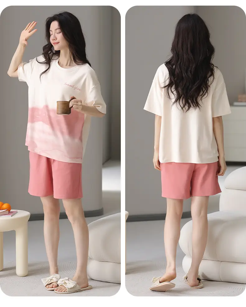 Comes with Chest Pad Pure Cotton Pajamas Summer Women's Short-sleeved Shorts Casual suit Korean-style Carmable Outwear Home Clothes — feature 17