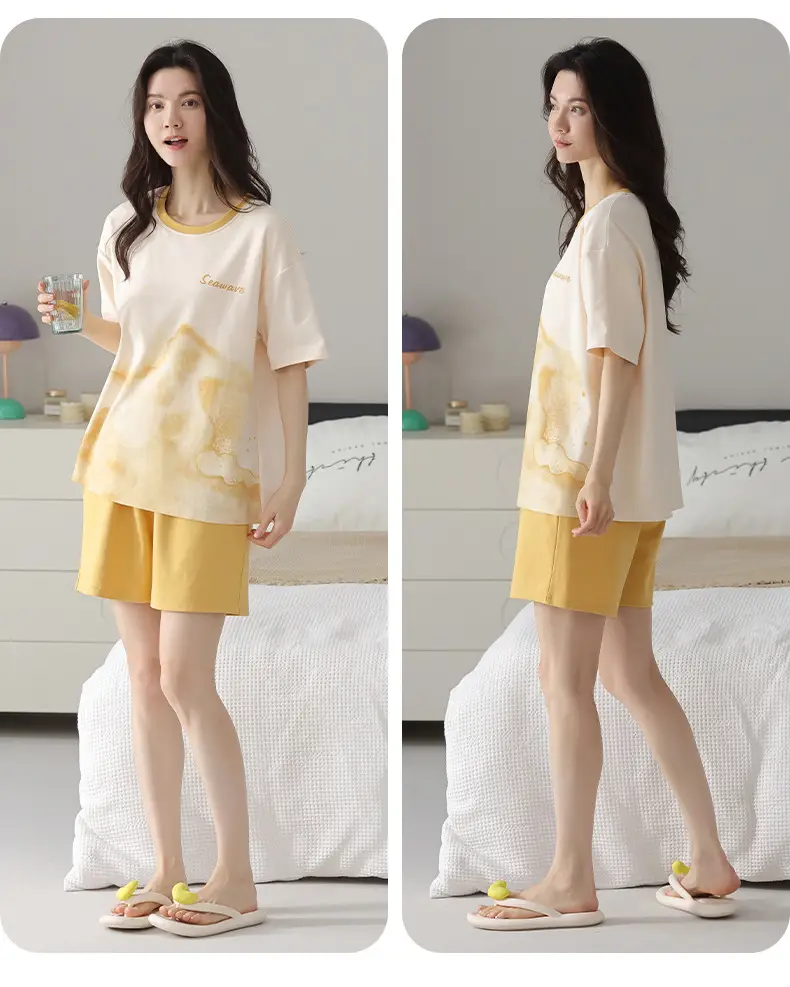 Comes with Chest Pad Pure Cotton Pajamas Summer Women's Short-sleeved Shorts Casual suit Korean-style Carmable Outwear Home Clothes — feature 18