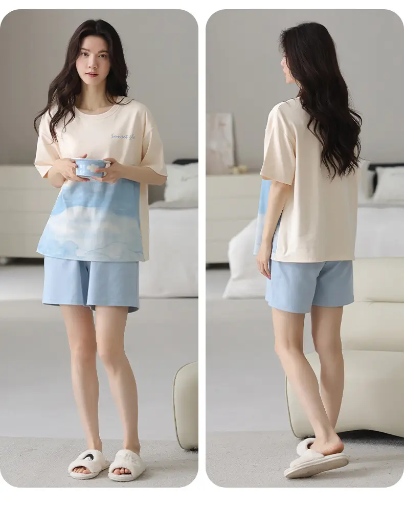 Comes with Chest Pad Pure Cotton Pajamas Summer Women's Short-sleeved Shorts Casual suit Korean-style Carmable Outwear Home Clothes — feature 19
