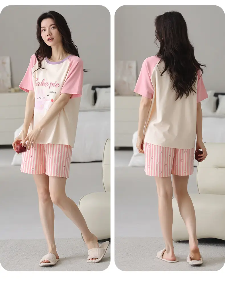 Comes with Chest Pad Pure Cotton Pajamas Summer Women's Short-sleeved Shorts Casual suit Korean-style Carmable Outwear Home Clothes — feature 20