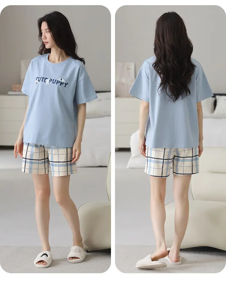 Comes with Chest Pad Pure Cotton Pajamas Summer Women's Short-sleeved Shorts Casual suit Korean-style Carmable Outwear Home Clothes — feature 21