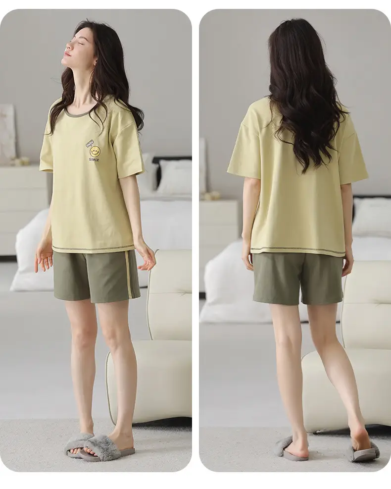 Comes with Chest Pad Pure Cotton Pajamas Summer Women's Short-sleeved Shorts Casual suit Korean-style Carmable Outwear Home Clothes — feature 22