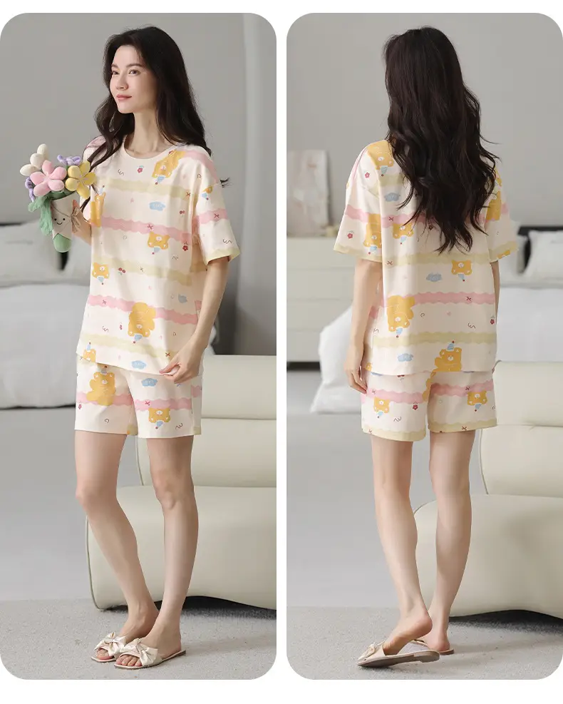 Comes with Chest Pad Pure Cotton Pajamas Summer Women's Short-sleeved Shorts Casual suit Korean-style Carmable Outwear Home Clothes — feature 23