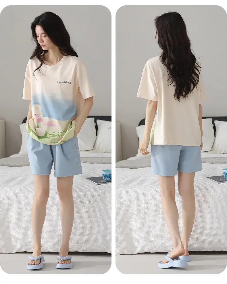 Comes with Chest Pad Pure Cotton Pajamas Summer Women's Short-sleeved Shorts Casual suit Korean-style Carmable Outwear Home Clothes — feature 24