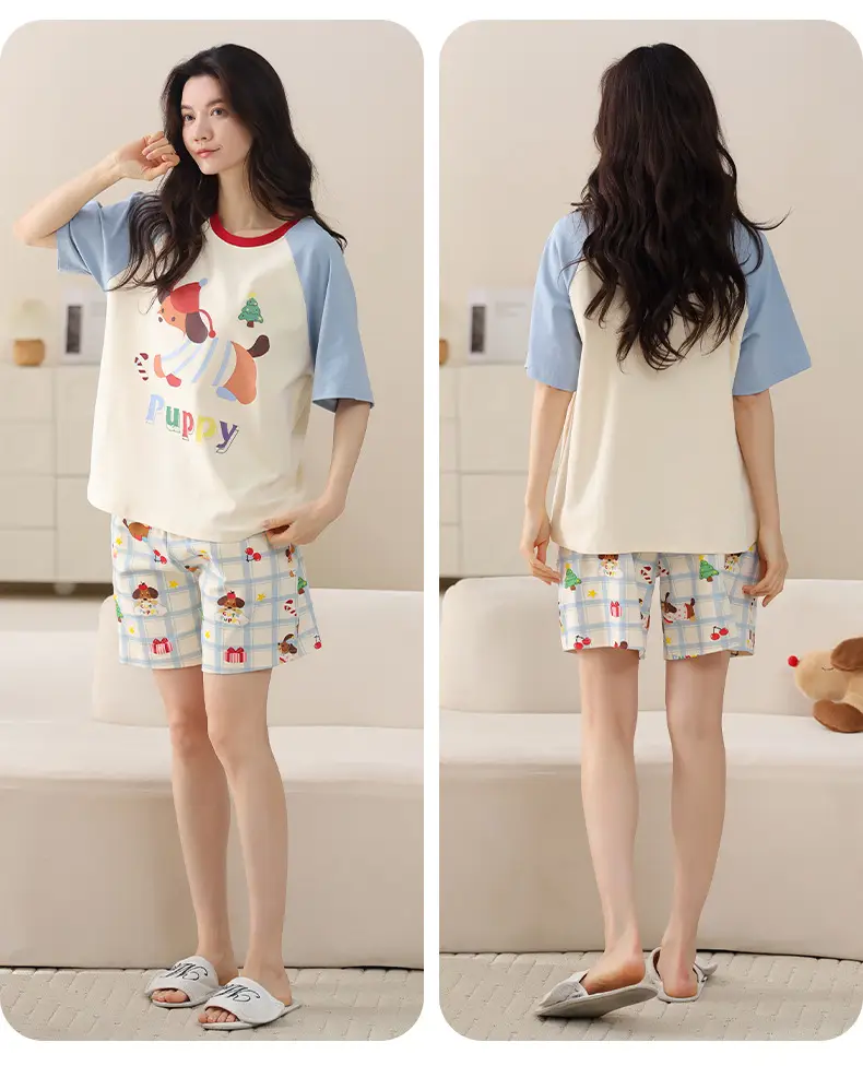Comes with Chest Pad Pure Cotton Pajamas Summer Women's Short-sleeved Shorts Casual suit Korean-style Carmable Outwear Home Clothes — feature 25