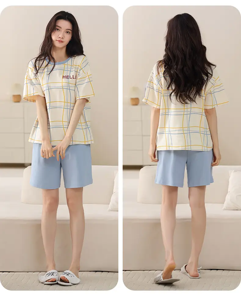 Comes with Chest Pad Pure Cotton Pajamas Summer Women's Short-sleeved Shorts Casual suit Korean-style Carmable Outwear Home Clothes — feature 26