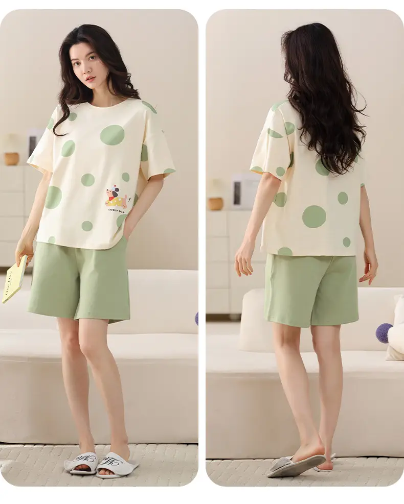 Comes with Chest Pad Pure Cotton Pajamas Summer Women's Short-sleeved Shorts Casual suit Korean-style Carmable Outwear Home Clothes — feature 27