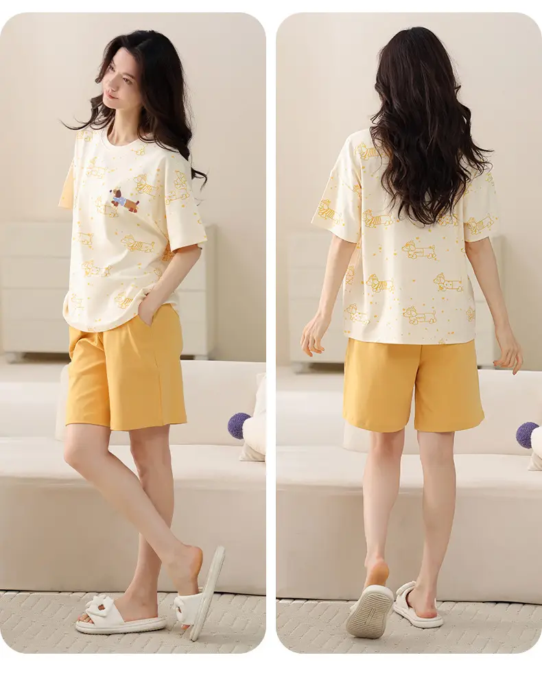 Comes with Chest Pad Pure Cotton Pajamas Summer Women's Short-sleeved Shorts Casual suit Korean-style Carmable Outwear Home Clothes — feature 28