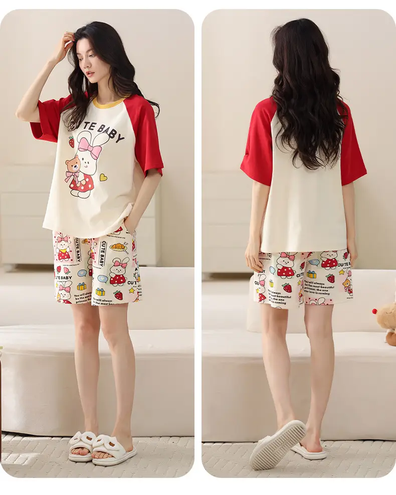 Comes with Chest Pad Pure Cotton Pajamas Summer Women's Short-sleeved Shorts Casual suit Korean-style Carmable Outwear Home Clothes — feature 29