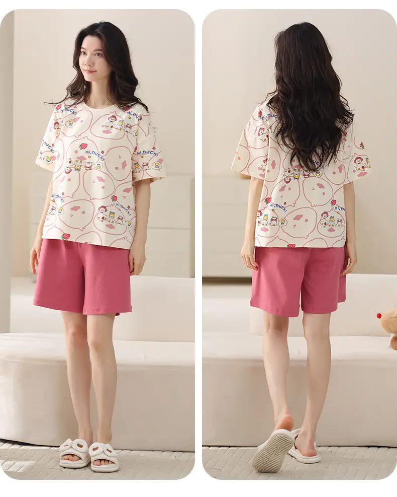 Comes with Chest Pad Pure Cotton Pajamas Summer Women's Short-sleeved Shorts Casual suit Korean-style Carmable Outwear Home Clothes — feature 30