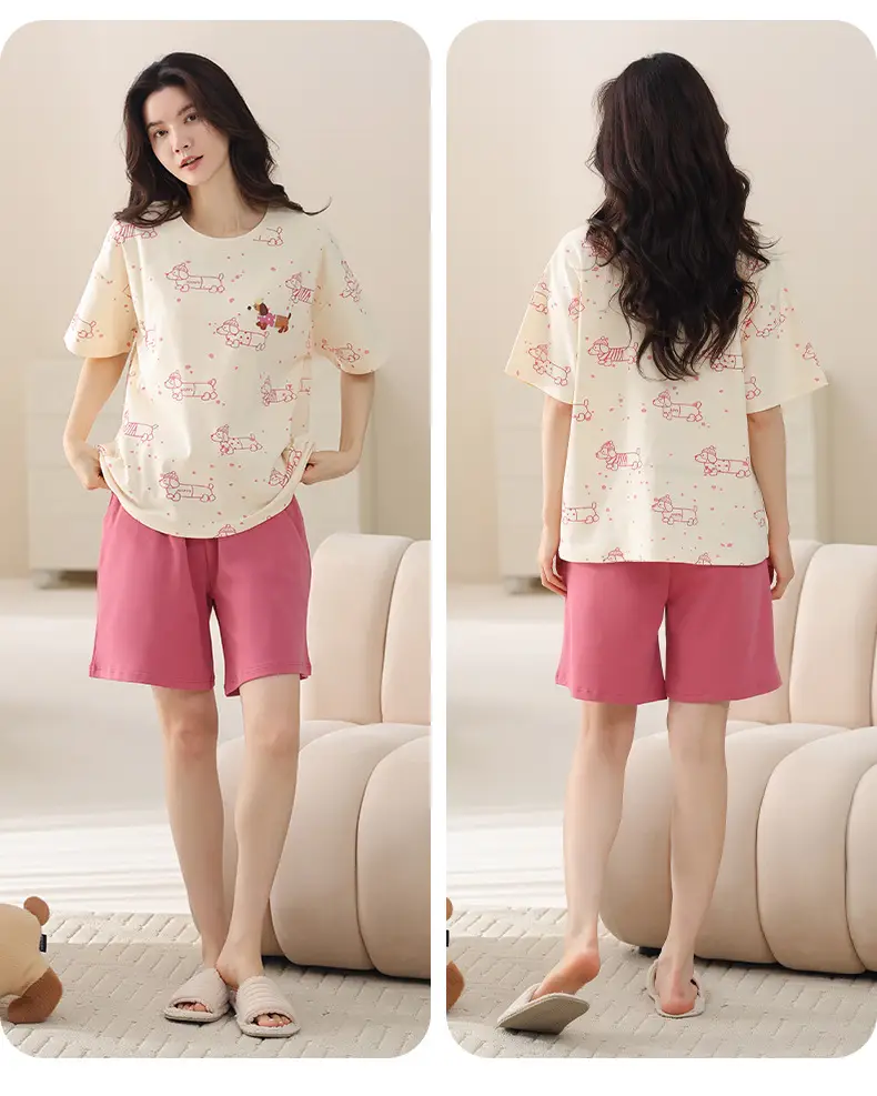 Comes with Chest Pad Pure Cotton Pajamas Summer Women's Short-sleeved Shorts Casual suit Korean-style Carmable Outwear Home Clothes — feature 31