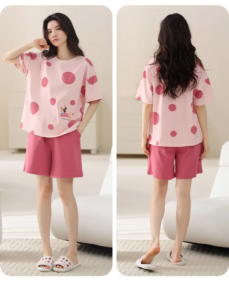 Comes with Chest Pad Pure Cotton Pajamas Summer Women's Short-sleeved Shorts Casual suit Korean-style Carmable Outwear Home Clothes — feature 32