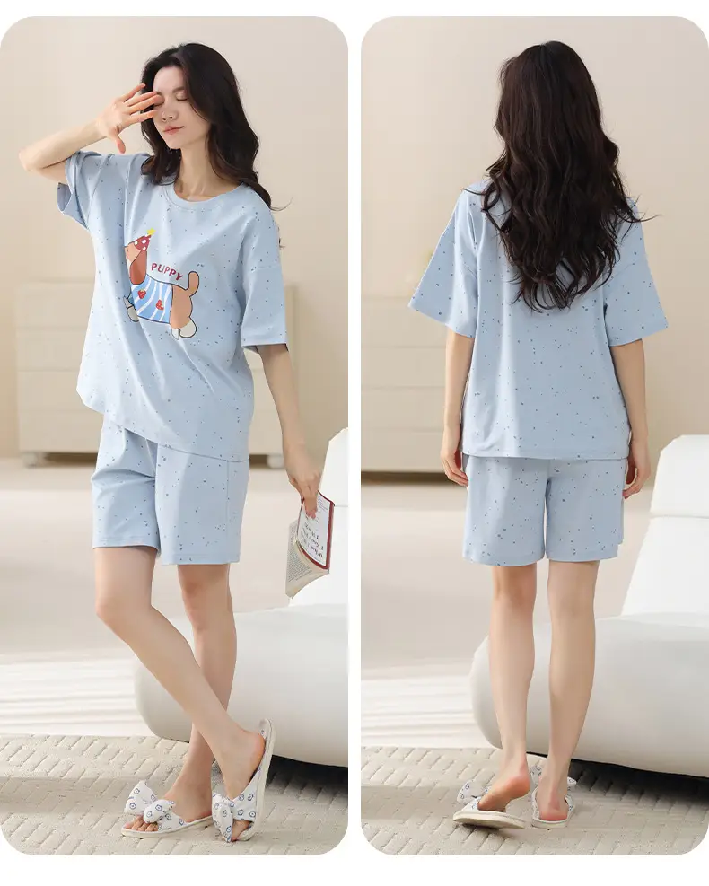 Comes with Chest Pad Pure Cotton Pajamas Summer Women's Short-sleeved Shorts Casual suit Korean-style Carmable Outwear Home Clothes — feature 33