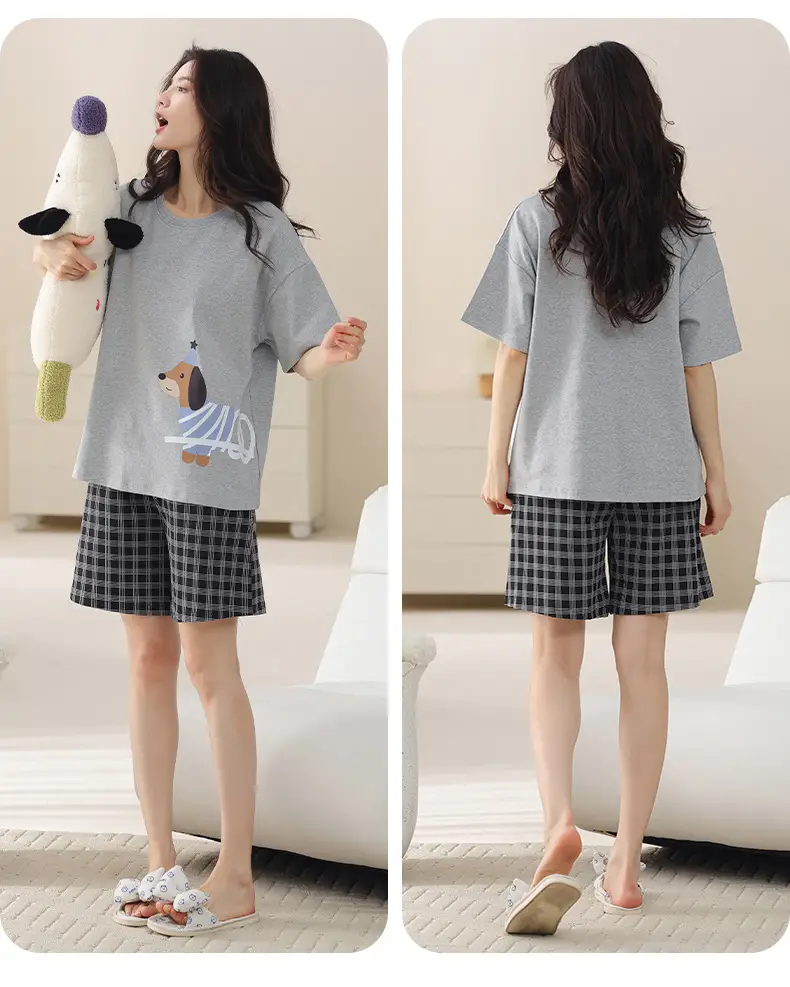 Comes with Chest Pad Pure Cotton Pajamas Summer Women's Short-sleeved Shorts Casual suit Korean-style Carmable Outwear Home Clothes — feature 34