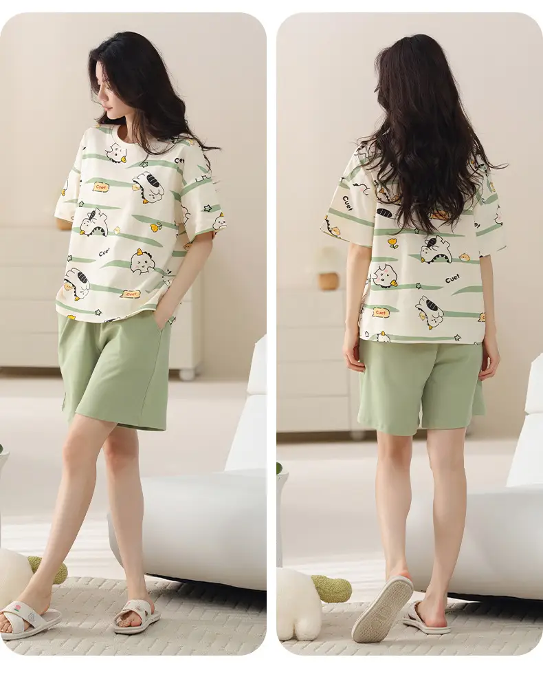 Comes with Chest Pad Pure Cotton Pajamas Summer Women's Short-sleeved Shorts Casual suit Korean-style Carmable Outwear Home Clothes — feature 35