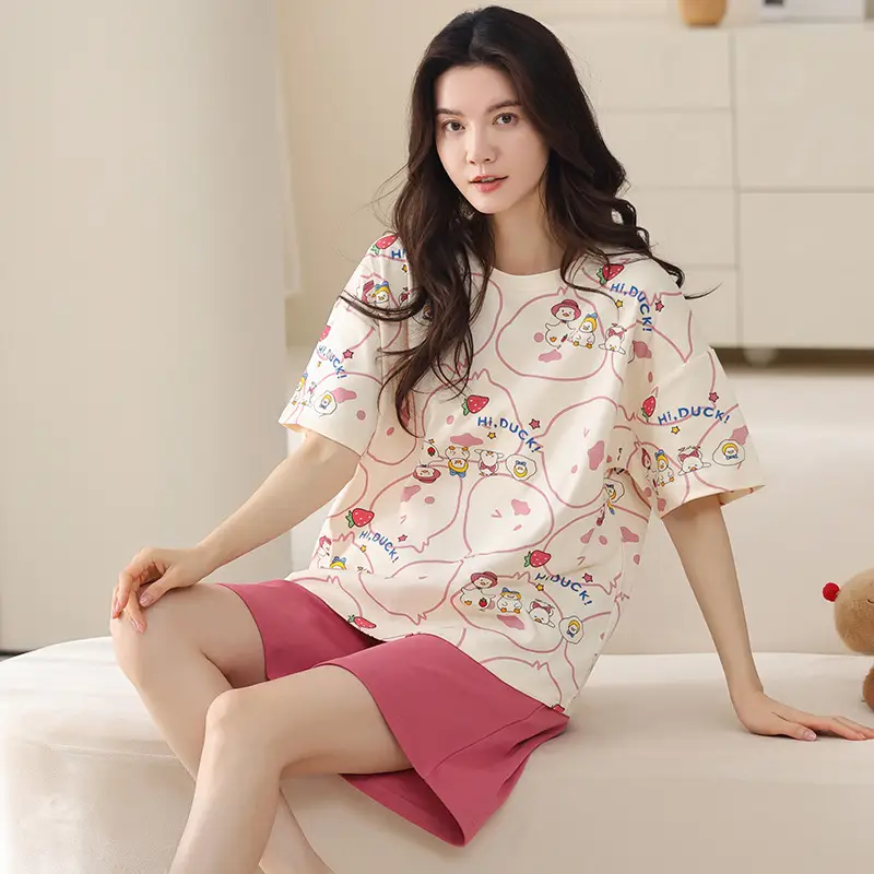 Comes with Chest Pad Pure Cotton Pajamas Summer Women's Short-sleeved Shorts Casual suit Korean-style Carmable Outwear Home Clothes