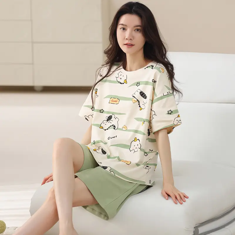 Comes with Chest Pad Pure Cotton Pajamas Summer Women's Short-sleeved Shorts Casual suit Korean-style Carmable Outwear Home Clothes