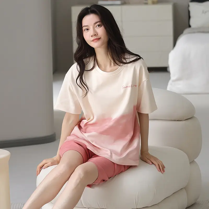 Comes with Chest Pad Pure Cotton Pajamas Summer Women's Short-sleeved Shorts Casual suit Korean-style Carmable Outwear Home Clothes