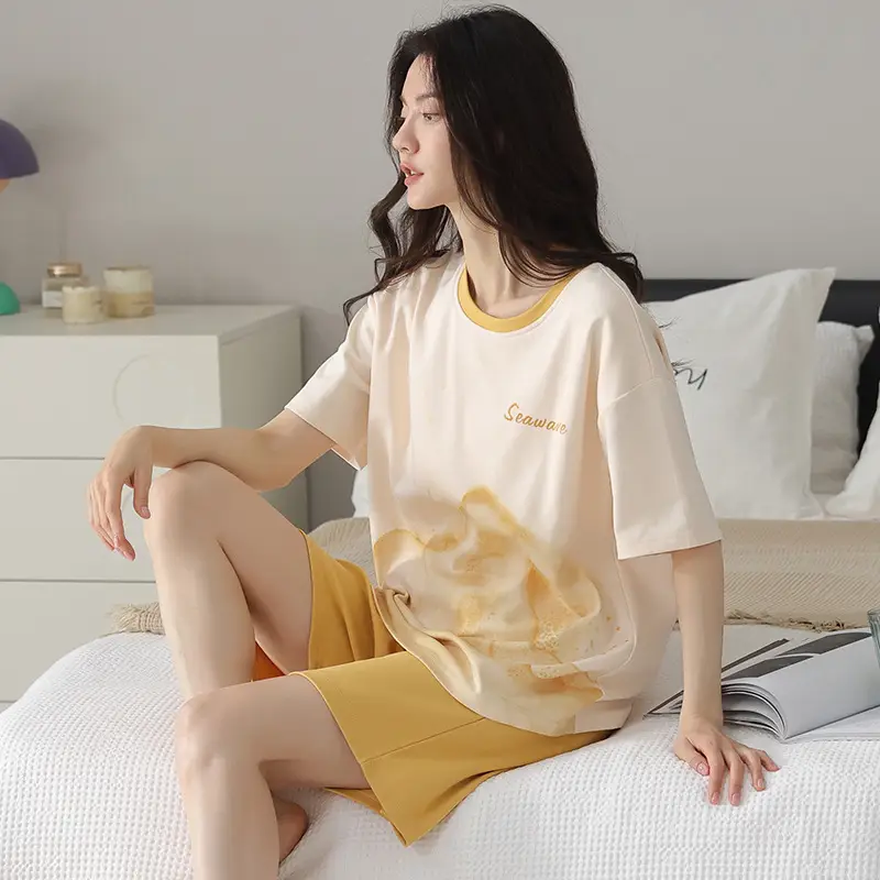 Comes with Chest Pad Pure Cotton Pajamas Summer Women's Short-sleeved Shorts Casual suit Korean-style Carmable Outwear Home Clothes