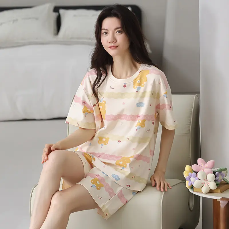Comes with Chest Pad Pure Cotton Pajamas Summer Women's Short-sleeved Shorts Casual suit Korean-style Carmable Outwear Home Clothes