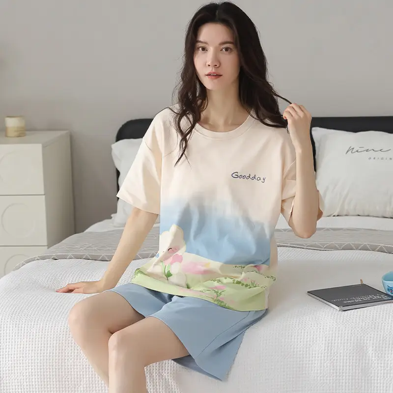 Comes with Chest Pad Pure Cotton Pajamas Summer Women's Short-sleeved Shorts Casual suit Korean-style Carmable Outwear Home Clothes