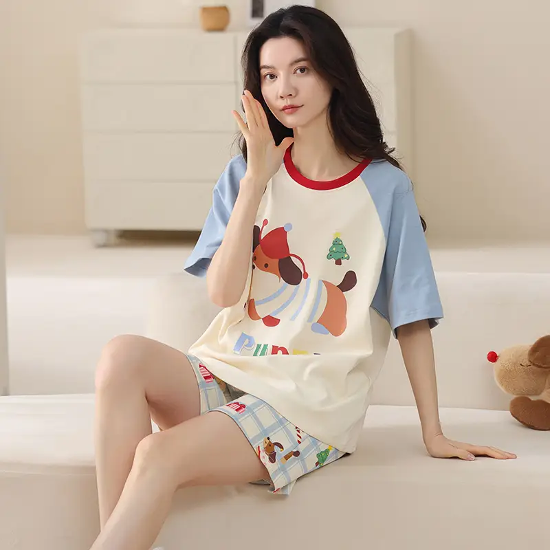Comes with Chest Pad Pure Cotton Pajamas Summer Women's Short-sleeved Shorts Casual suit Korean-style Carmable Outwear Home Clothes