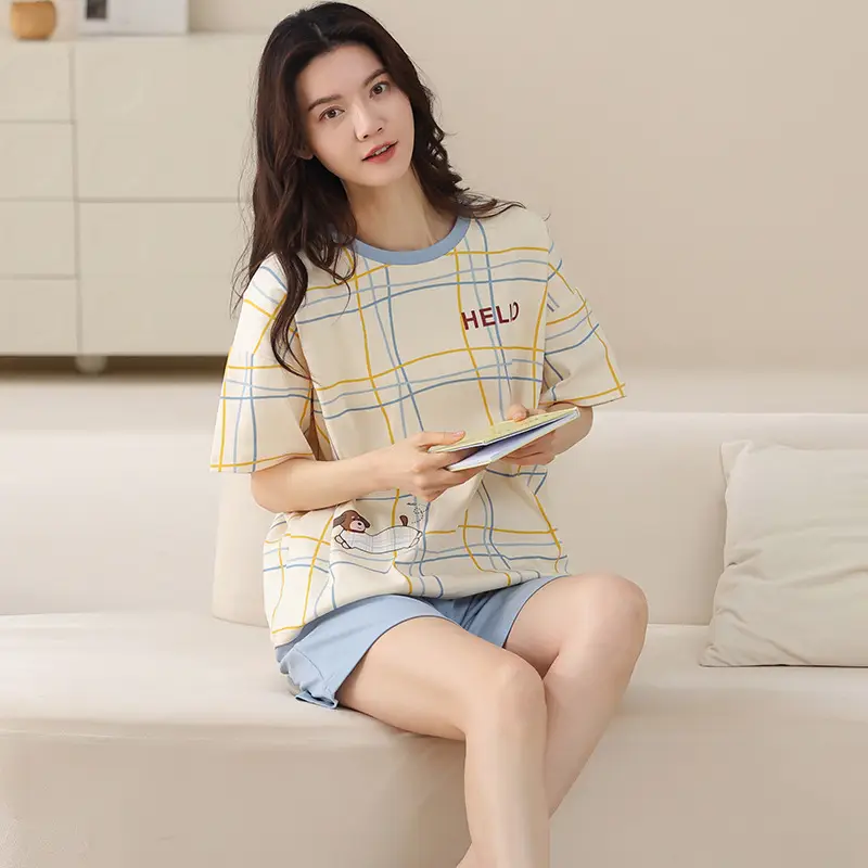 Comes with Chest Pad Pure Cotton Pajamas Summer Women's Short-sleeved Shorts Casual suit Korean-style Carmable Outwear Home Clothes