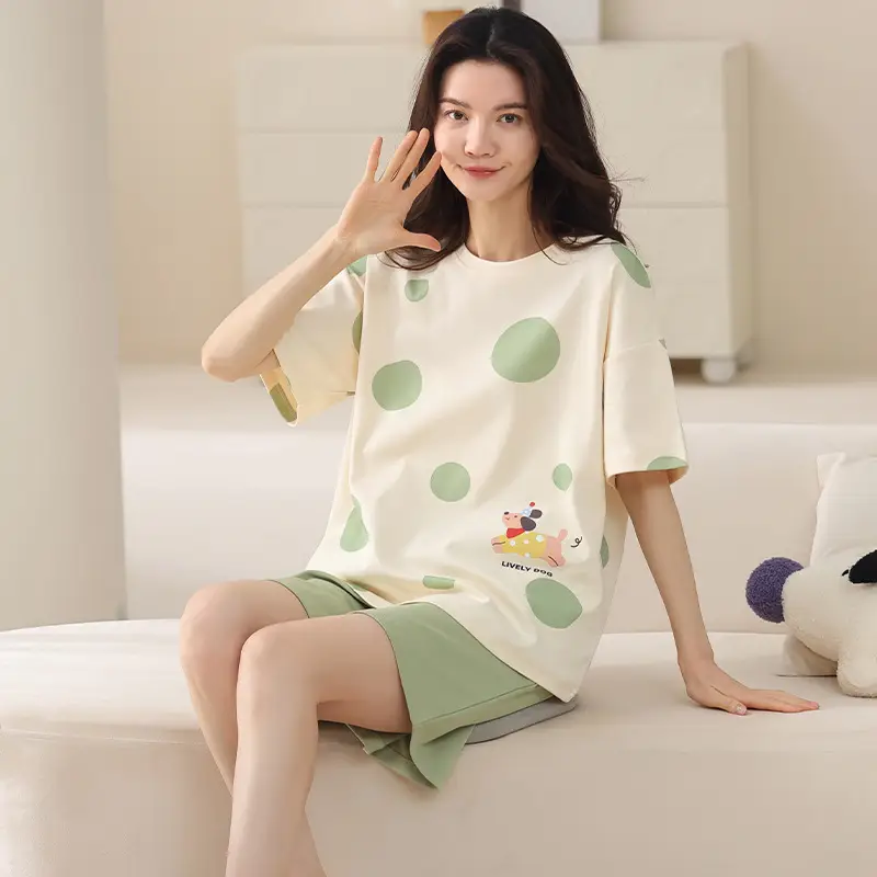 Comes with Chest Pad Pure Cotton Pajamas Summer Women's Short-sleeved Shorts Casual suit Korean-style Carmable Outwear Home Clothes