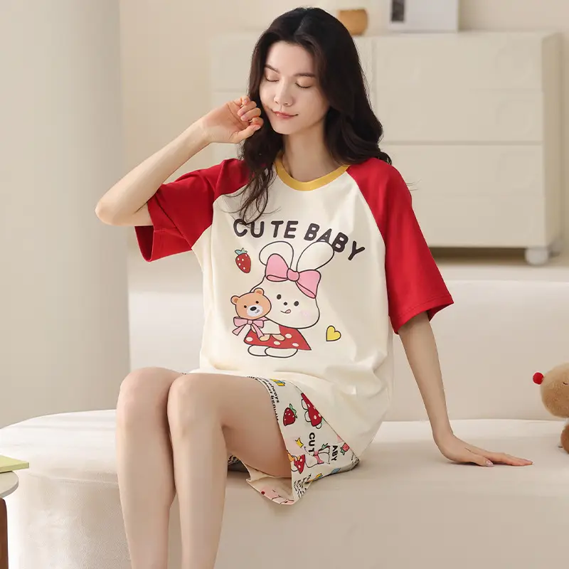 Comes with Chest Pad Pure Cotton Pajamas Summer Women's Short-sleeved Shorts Casual suit Korean-style Carmable Outwear Home Clothes