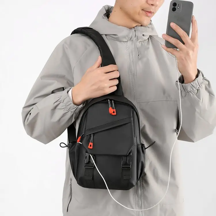 Men's Grey Shoulder Crossbody Backpack with Red Zippers - Image 5