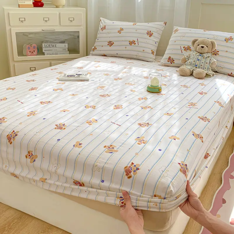 Class A maternal and infant grade pure cotton bed hat three-piece set solid color wash cotton nude bed cover bed sheet all-inclusive mattress protection cover