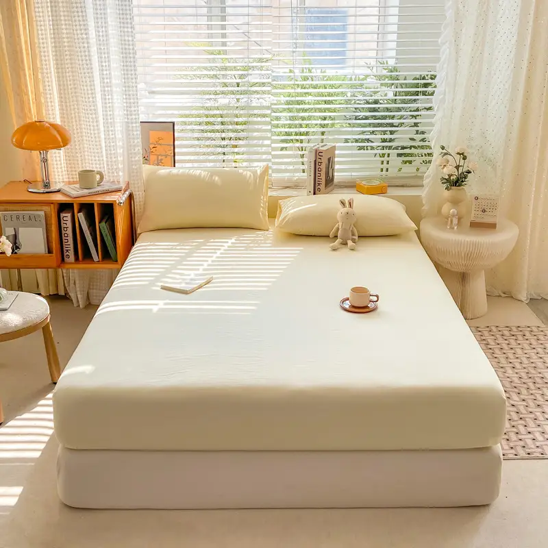 Class A maternal and infant grade pure cotton bed hat three-piece set solid color wash cotton nude bed cover bed sheet all-inclusive mattress protection cover