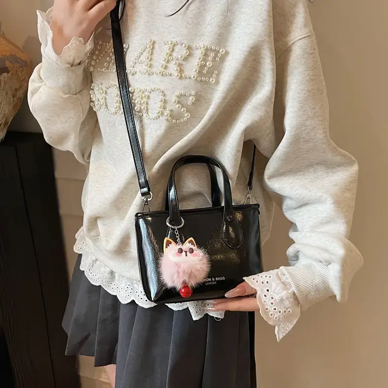 Women's Light Blue Shoulder Bag with Cute Pom Pom Handle