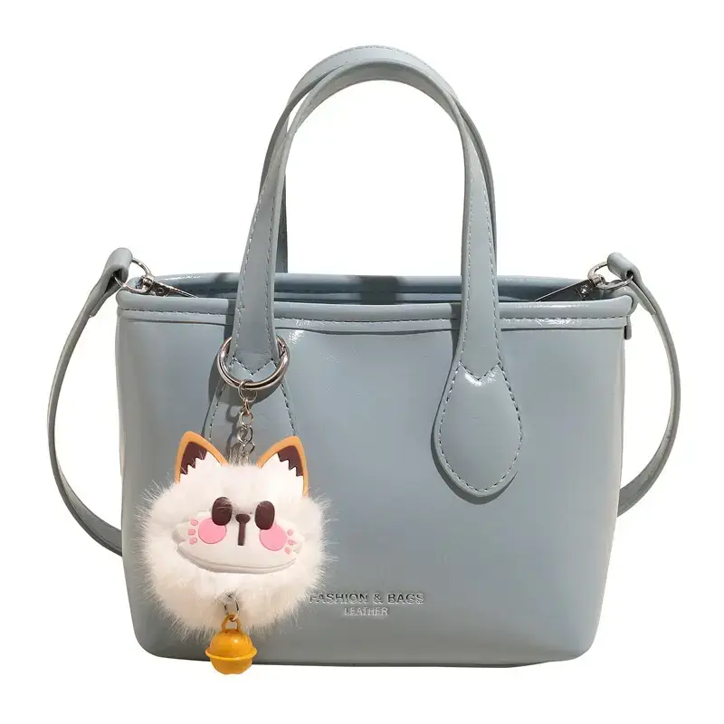 Women's Light Blue Shoulder Bag with Cute Pom Pom Handle