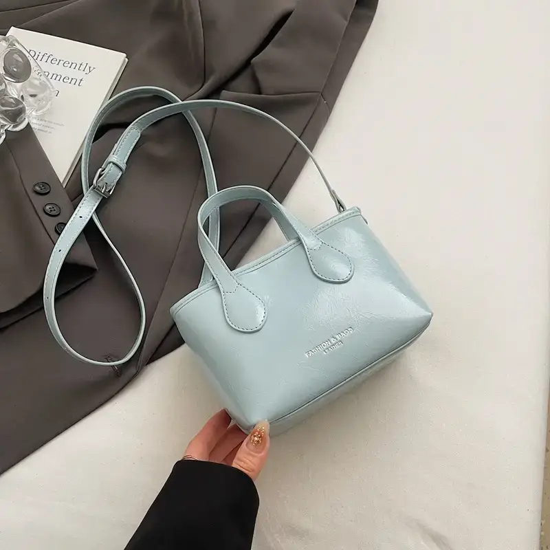 Women's Light Blue Shoulder Bag with Cute Pom Pom Handle