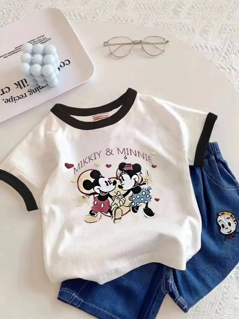 Girls Minnie Mouse Cotton T-Shirt White Black Summer Wear - Image 11