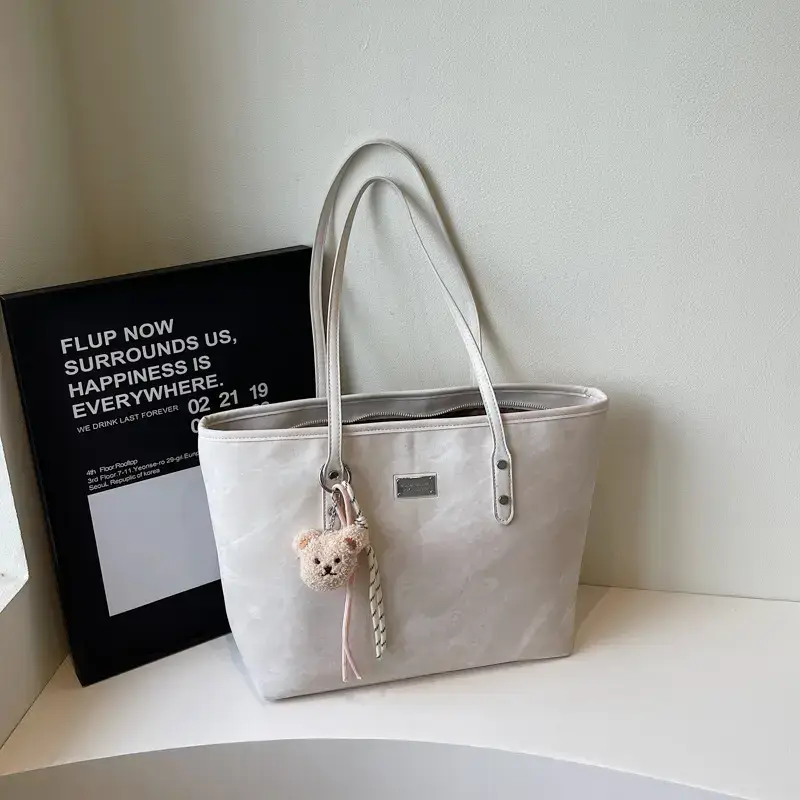 Light Grey Women's Shoulder Bag with Cute Charm