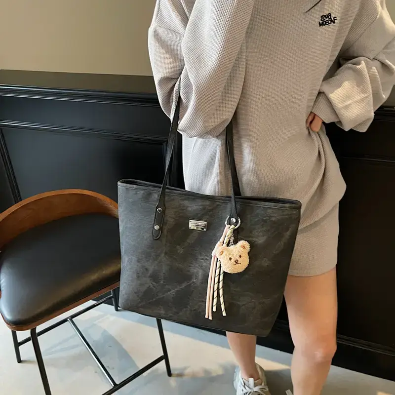 Light Grey Women's Shoulder Bag with Cute Charm