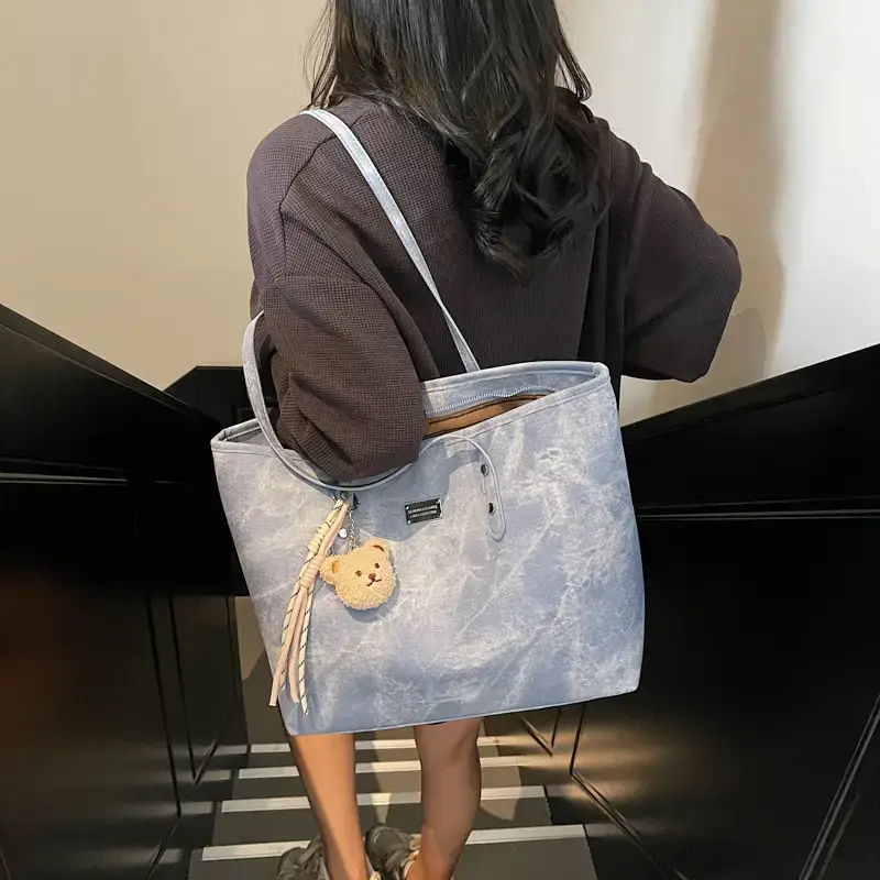 Light Grey Women's Shoulder Bag with Cute Charm