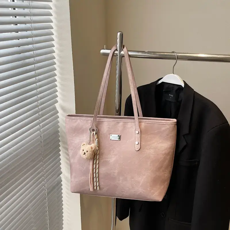 Light Grey Women's Shoulder Bag with Cute Charm