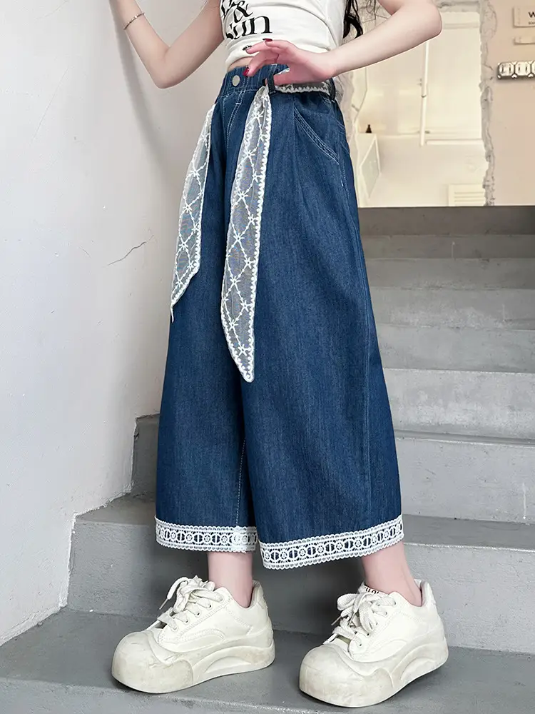 Girls Wide Leg Jeans with Lace Belt 2025 - Image 3